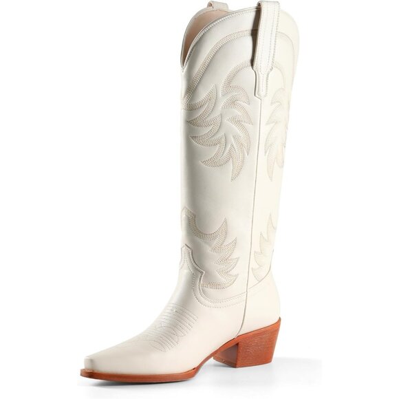 ⚡Women's White Calf High Pointed Toe And Block Heel Suede And Faux Leather Boots - Picture 1 of 9